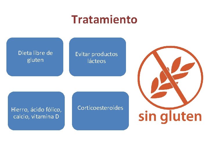 Tratamiento Dieta libre de gluten Hierro, ácido fólico, calcio, vitamina D Evitar productos lácteos Tratamiento Dieta libre de gluten Hierro, ácido fólico, calcio, vitamina D Evitar productos lácteos