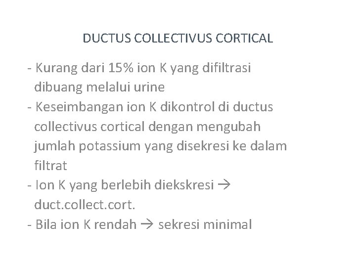 DUCTUS COLLECTIVUS CORTICAL - Kurang dari 15% ion K yang difiltrasi dibuang melalui urine