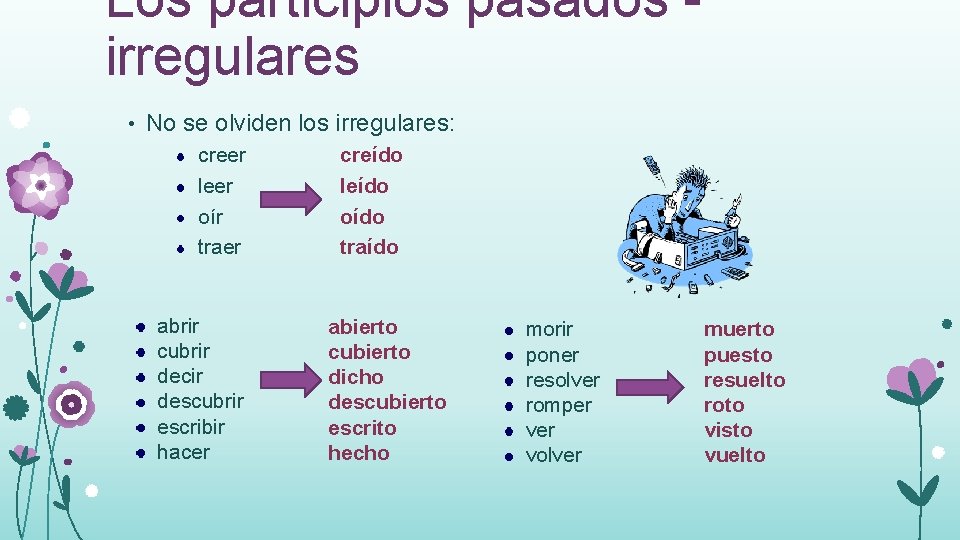 Los participios pasados irregulares • No se olviden los irregulares: creer creído leer leído