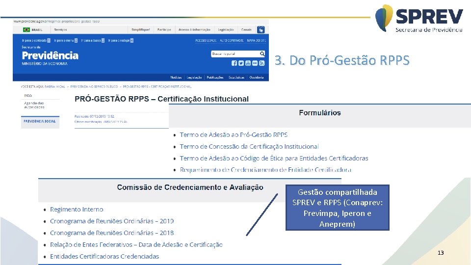 3. Do Pró-Gestão RPPS Gestão compartilhada SPREV e RPPS (Conaprev: Previmpa, Iperon e Aneprem)