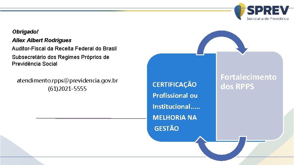 Obrigado! Allex Albert Rodrigues Auditor-Fiscal da Receita Federal do Brasil Subsecretário dos Regimes Próprios