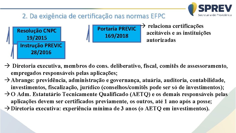 2. Da exigência de certificação nas normas EFPC Resolução CNPC 19/2015 Instrução PREVIC 28/2016