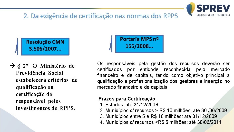 2. Da exigência de certificação nas normas dos RPPS Resolução CMN 3. 506/2007. .