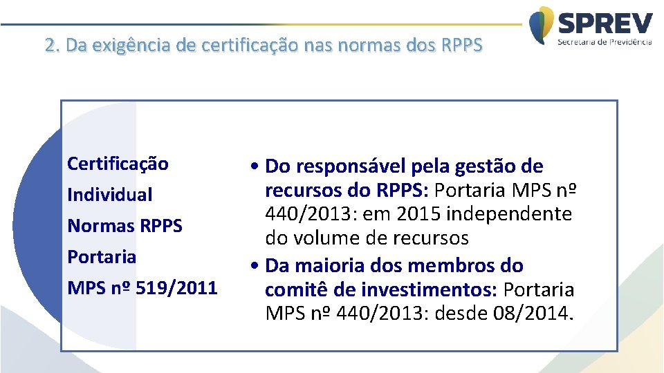 2. Da exigência de certificação nas normas dos RPPS Certificação Individual Normas RPPS Portaria