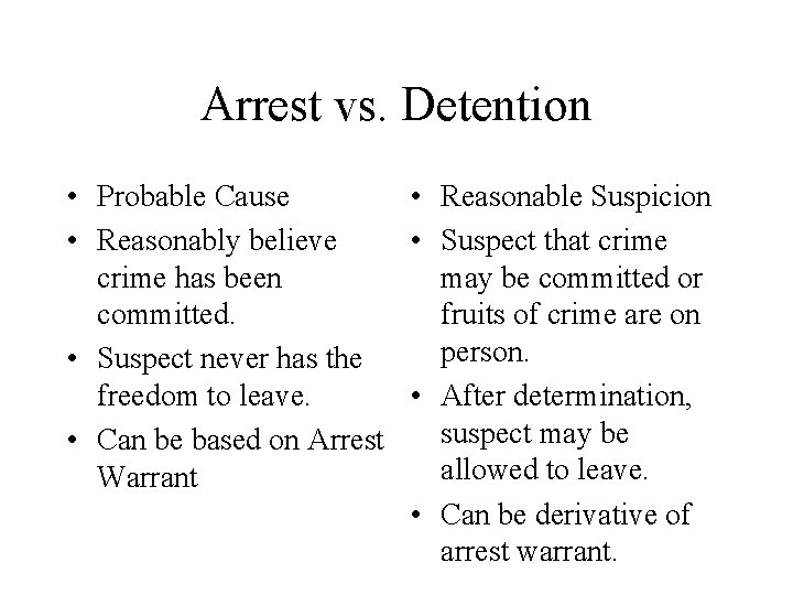 Arrest vs. Detention • Probable Cause • Reasonable Suspicion • Reasonably believe • Suspect