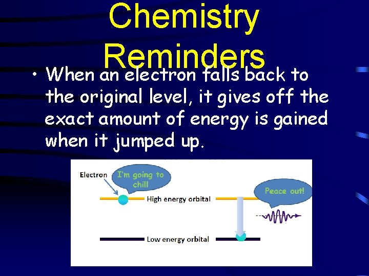 Chemistry Reminders • When an electron falls back to the original level, it gives