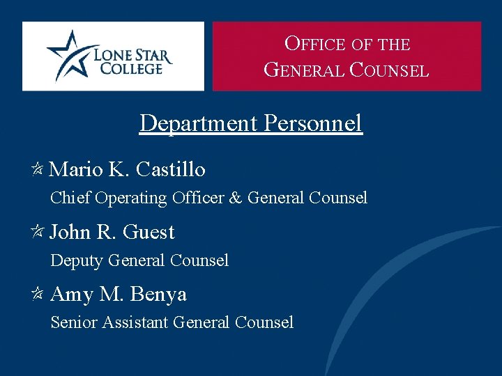 OFFICE OF THE GENERAL COUNSEL Department Personnel Mario K. Castillo Chief Operating Officer &