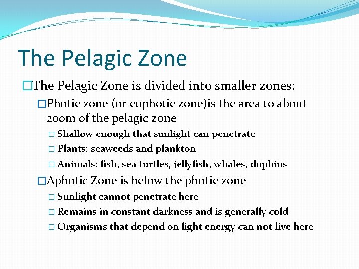 The Pelagic Zone �The Pelagic Zone is divided into smaller zones: �Photic zone (or