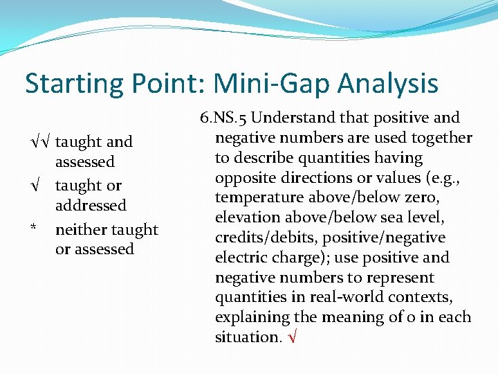 Starting Point: Mini-Gap Analysis √√ taught and assessed √ taught or addressed * neither