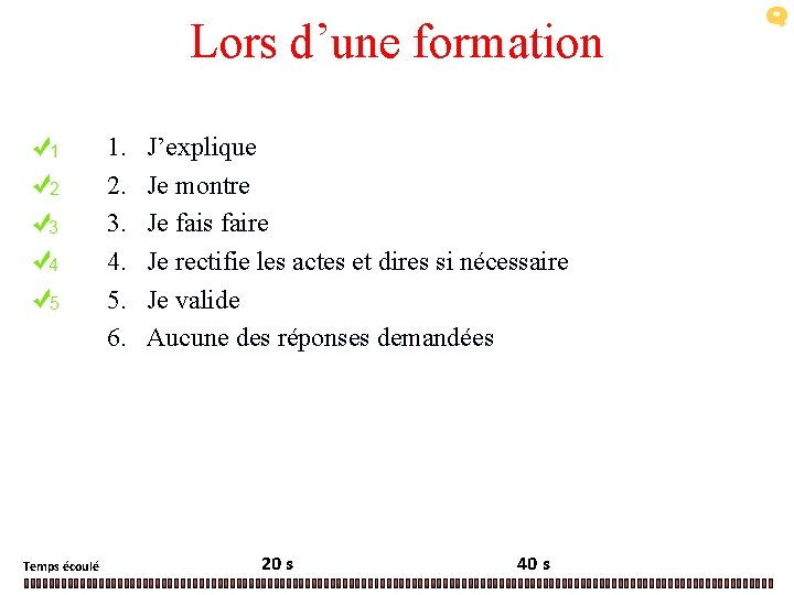 Lors d’une formation 1. 2. 3. 4. 5. 6. Temps écoulé J’explique Je montre