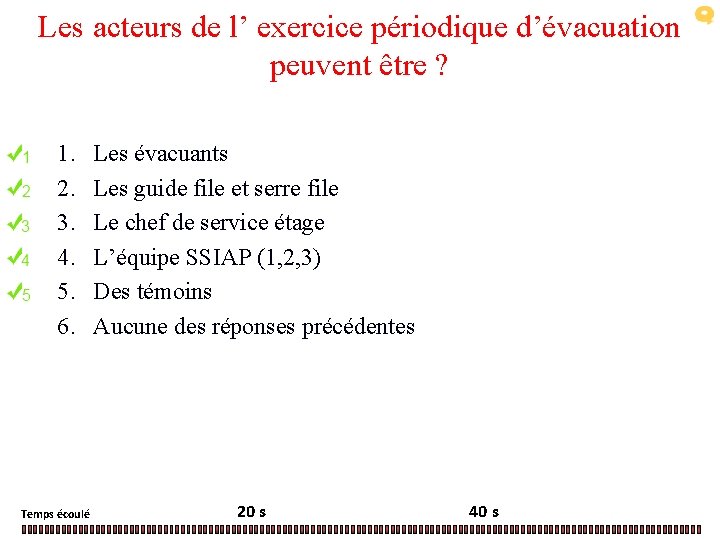 Les acteurs de l’ exercice périodique d’évacuation peuvent être ? 1. 2. 3. 4.