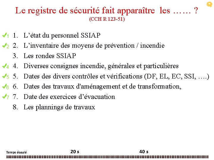 Le registre de sécurité fait apparaître les …… ? (CCH R 123 -51) 1.