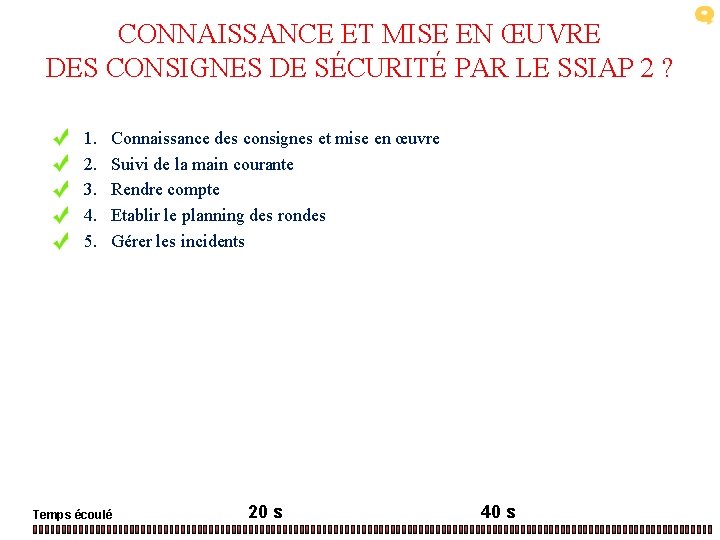 CONNAISSANCE ET MISE EN ŒUVRE DES CONSIGNES DE SÉCURITÉ PAR LE SSIAP 2 ?