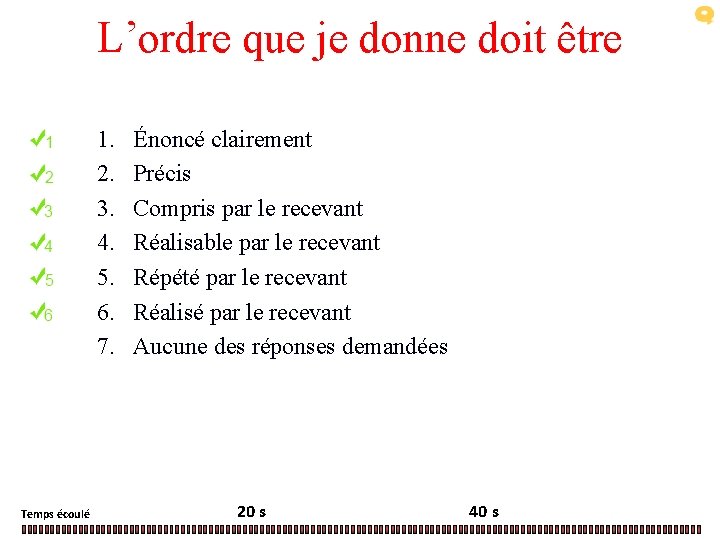 L’ordre que je donne doit être 1. 2. 3. 4. 5. 6. 7. Temps