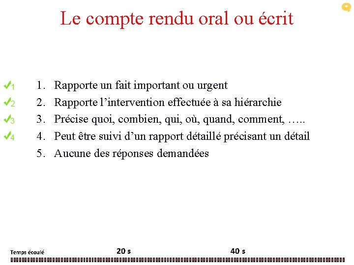 Le compte rendu oral ou écrit 1. 2. 3. 4. 5. Temps écoulé Rapporte