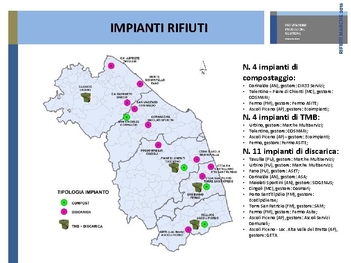 IMPIANTI RIFIUTI REGIONE MARCHE N. 4 impianti di compostaggio: • Corinaldo (AN), gestore: CIR