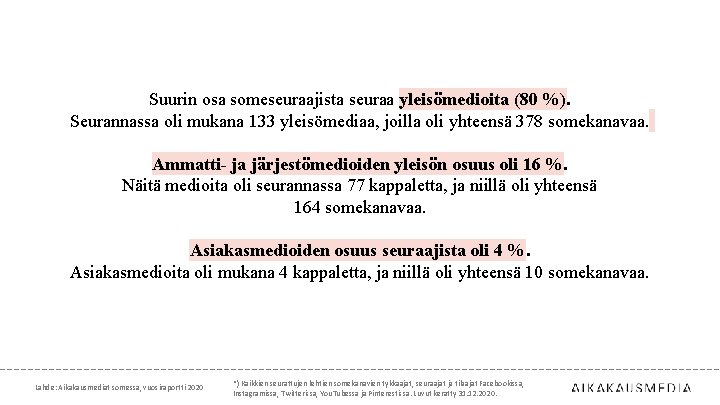 Suurin osa someseuraajista seuraa yleisömedioita (80 %). Seurannassa oli mukana 133 yleisömediaa, joilla oli