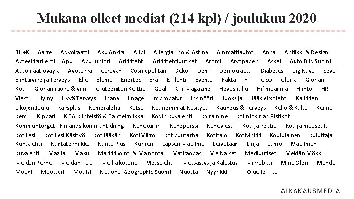 Mukana olleet mediat (214 kpl) / joulukuu 2020 3 H+K Aarre Advokaatti Aku Ankka