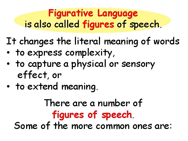 Figurative Language is also called figures of speech. It changes the literal meaning of