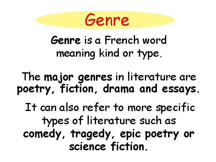 Genre is a French word meaning kind or type. The major genres in literature