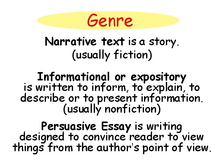 Genre Narrative text is a story. (usually fiction) Informational or expository is written to