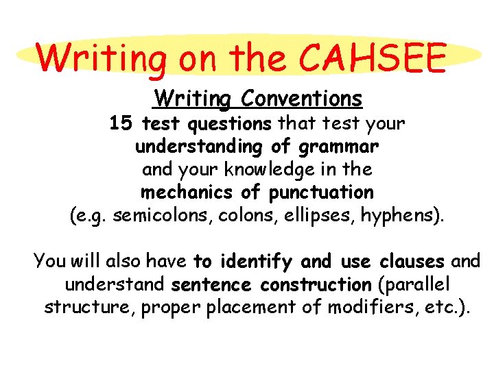 Writing on the CAHSEE Writing Conventions 15 test questions that test your understanding of
