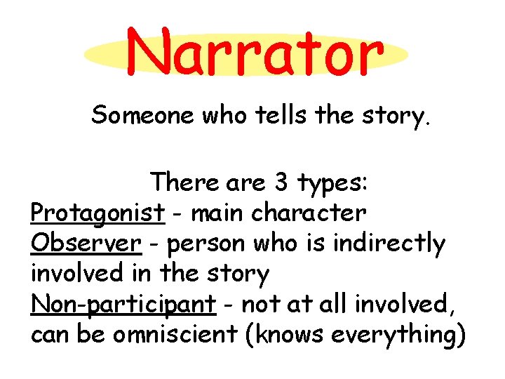 Narrator Someone who tells the story. There are 3 types: Protagonist - main character