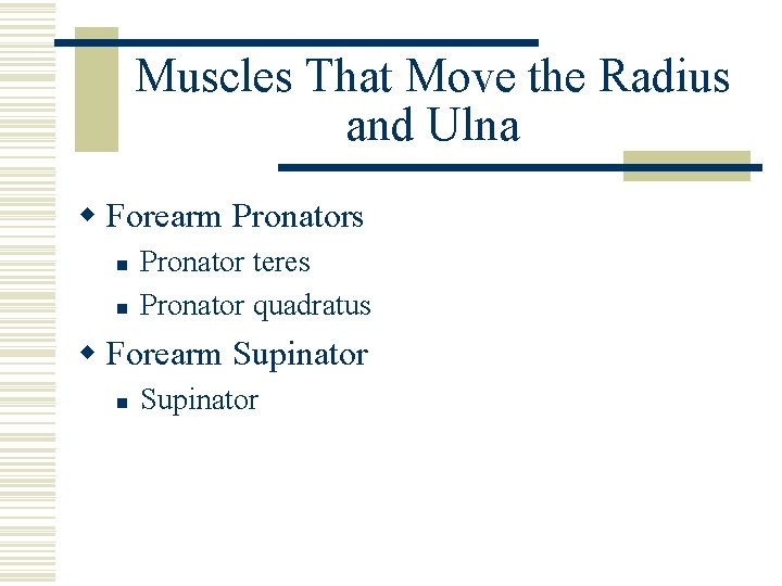 Muscles That Move the Radius and Ulna w Forearm Pronators n n Pronator teres