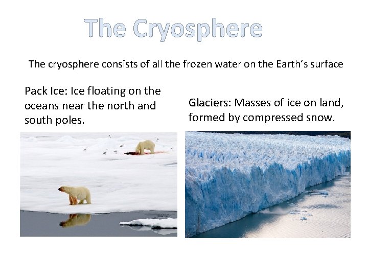 The Cryosphere The cryosphere consists of all the frozen water on the Earth’s surface