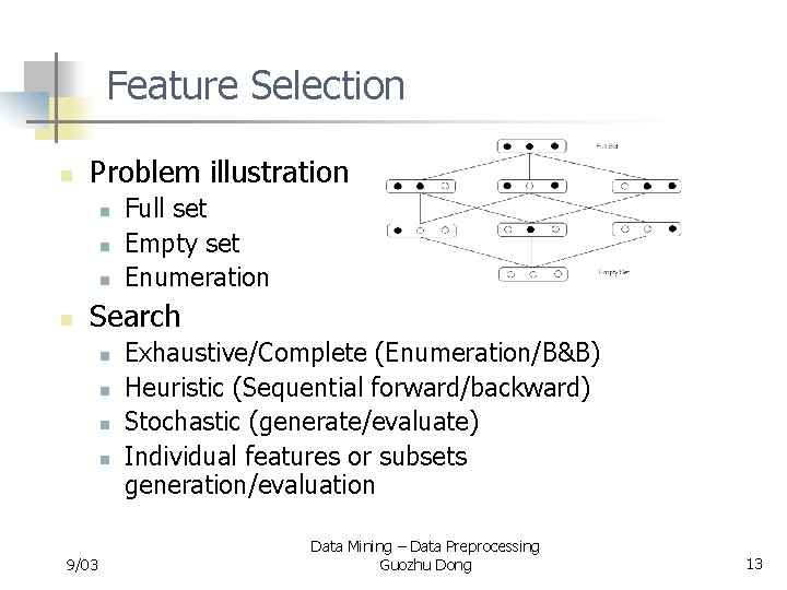 Feature Selection n Problem illustration n n Full set Empty set Enumeration Search n