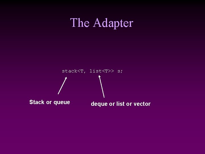 The Adapter stack<T, list<T>> s; Stack or queue deque or list or vector 