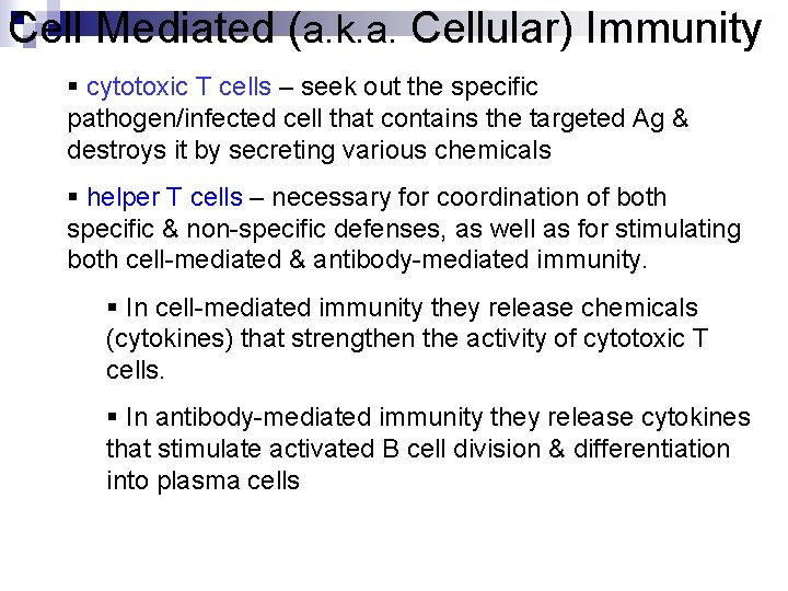 Cell Mediated (a. k. a. Cellular) Immunity § cytotoxic T cells – seek out