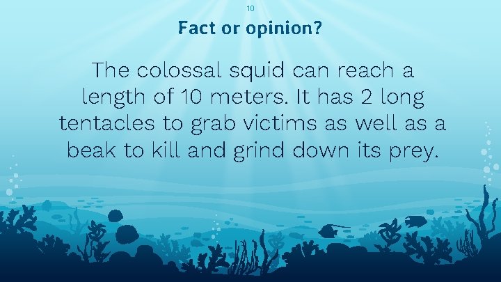 10 Fact or opinion? The colossal squid can reach a length of 10 meters.