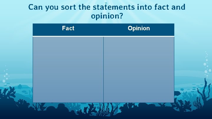 11 Can you sort the statements into fact and opinion? Fact Opinion 