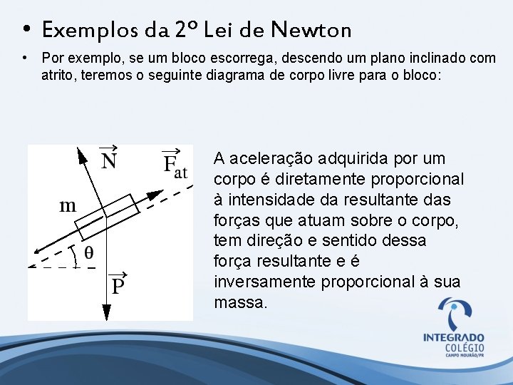  • Exemplos da 2º Lei de Newton • Por exemplo, se um bloco