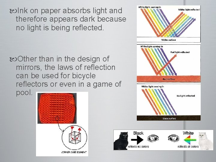  Ink on paper absorbs light and therefore appears dark because no light is