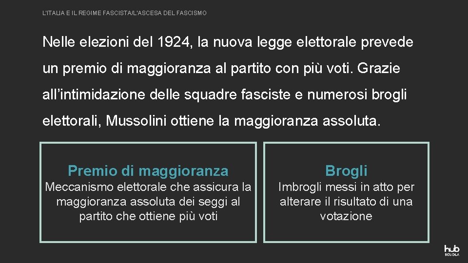 L’ITALIA E IL REGIME FASCISTA/L’ASCESA DEL FASCISMO Nelle elezioni del 1924, la nuova legge