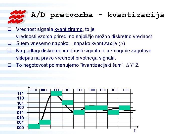 A/D pretvorba - kvantizacija q Vrednost signala kvantiziramo, to je vrednosti vzorca priredimo najbližjo