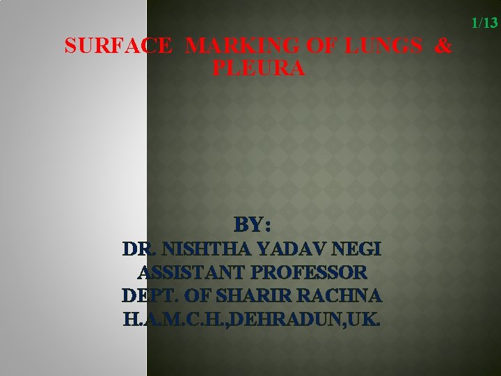 1/13 SURFACE MARKING OF LUNGS & PLEURA BY: DR. NISHTHA YADAV NEGI ASSISTANT PROFESSOR
