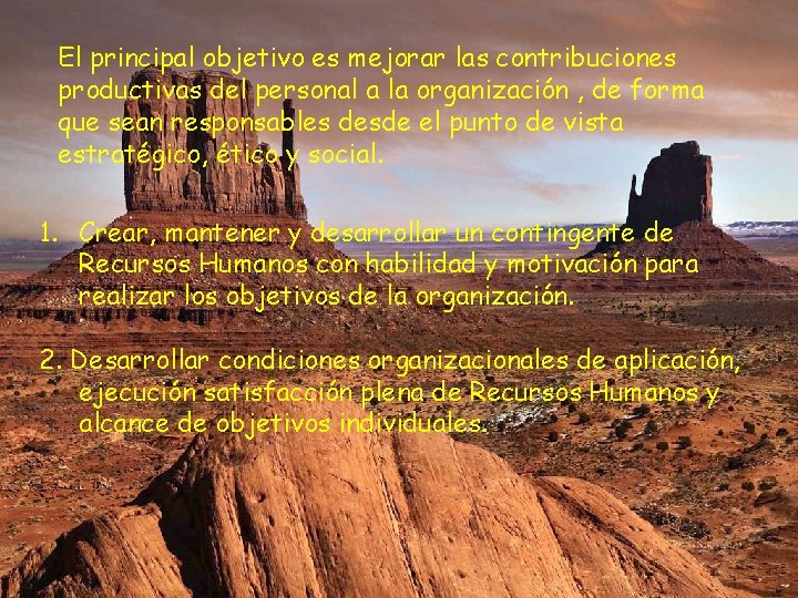 El principal objetivo es mejorar las contribuciones productivas del personal a la organización ,