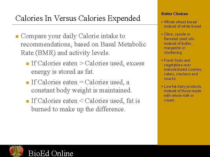 Calories In Versus Calories Expended n Compare your daily Calorie intake to recommendations, based
