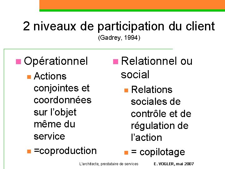 2 niveaux de participation du client (Gadrey, 1994) n Opérationnel Actions conjointes et coordonnées