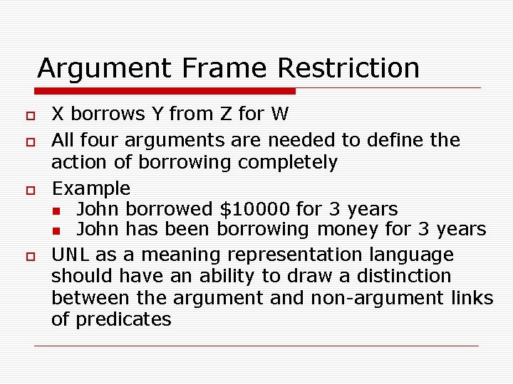 Argument Frame Restriction X borrows Y from Z for W All four arguments are