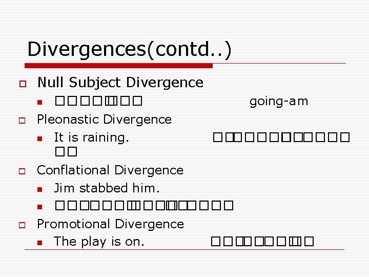 Divergences(contd. . ) Null Subject Divergence going-am ����� Pleonastic Divergence It is raining. ��