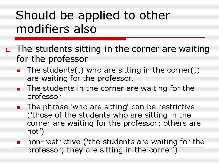 Should be applied to other modifiers also The students sitting in the corner are