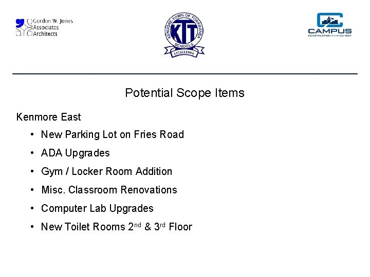 Potential Scope Items Kenmore East • New Parking Lot on Fries Road • ADA