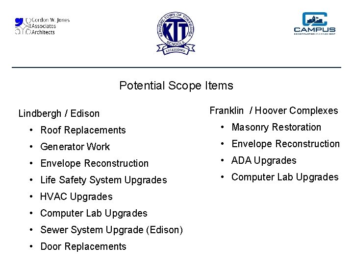 Potential Scope Items Lindbergh / Edison Franklin / Hoover Complexes • Roof Replacements •