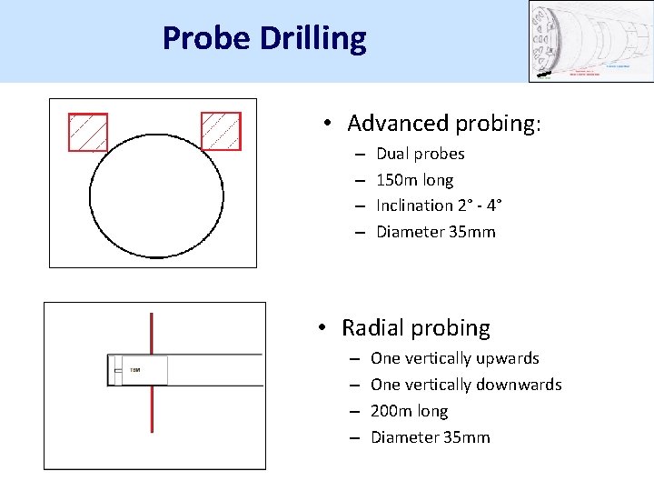 Probe Drilling • Advanced probing: – – Dual probes 150 m long Inclination 2°