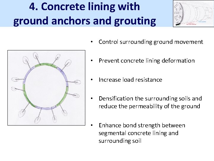 4. Concrete lining with ground anchors and grouting • Control surrounding ground movement •