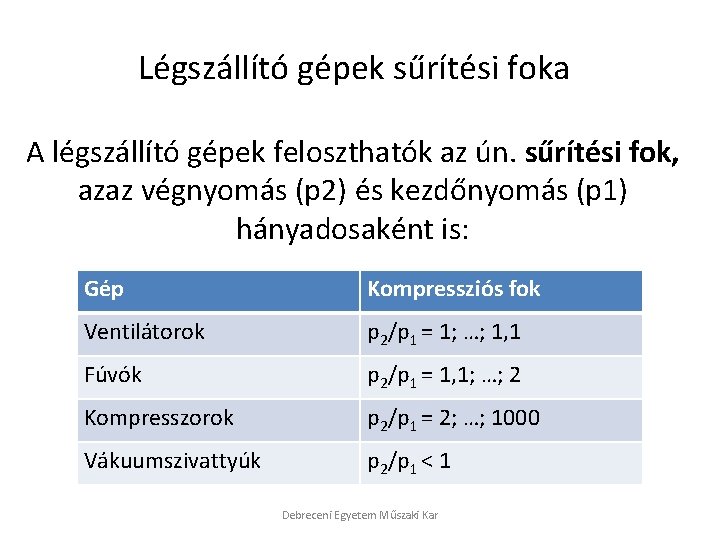 Légszállító gépek sűrítési foka A légszállító gépek feloszthatók az ún. sűrítési fok, azaz végnyomás